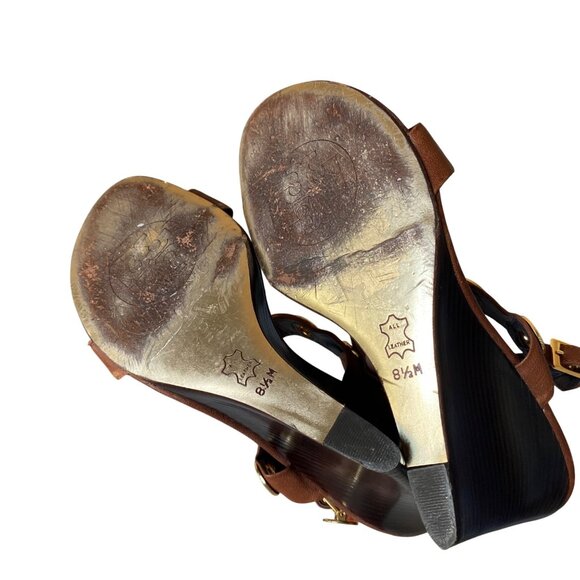 Tory Burch Kathryn Brown Leather Gold Grommet Wedge Sandals Sz 8.5 Designer Luxu - Picture 9 of 15